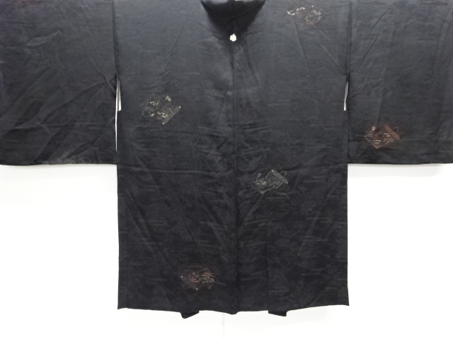 JAPANESE ANTIQUE HAORI / TAISHO ROMAN STYLE / SILK / URUSHI / WOVEN SCROLL